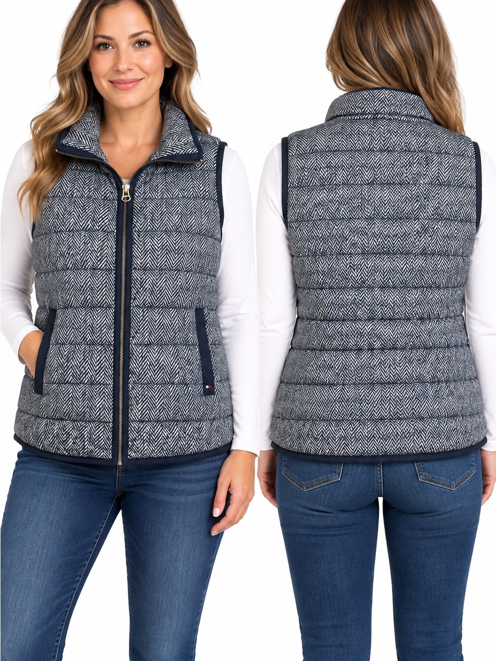 Tommy Hilfiger Women’s XL Puffer Vest Navy White Herringbone Quilted Full Zip